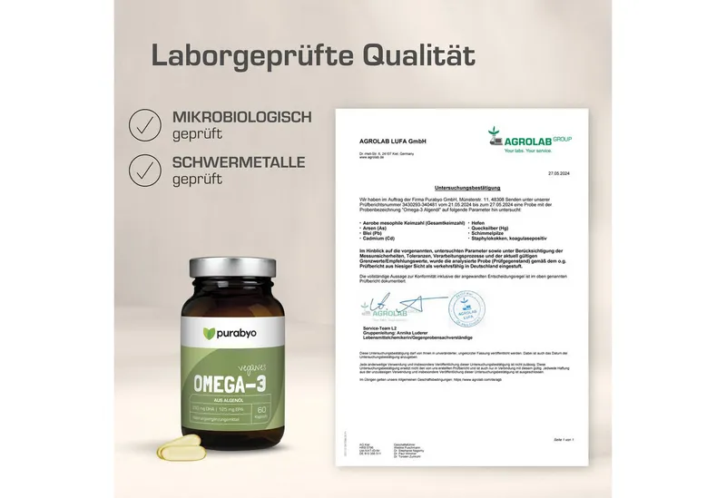 Purabyo Omega-3 Algenöl Kapseln, vegan, 250 mg DHA,+125 mg EPA, im Glas Kapseln, 60 St., 71 g – Produktbild 5 von 5