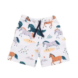 Walkiddy Walkiddy Kinder Shorts GOTS-zertifiziert aus Bio-Baumwolle, Happy Horses, weiß mit buntem Pferde-Print, elastischer Bund & Kordelzug – Produktbild 1 von 1