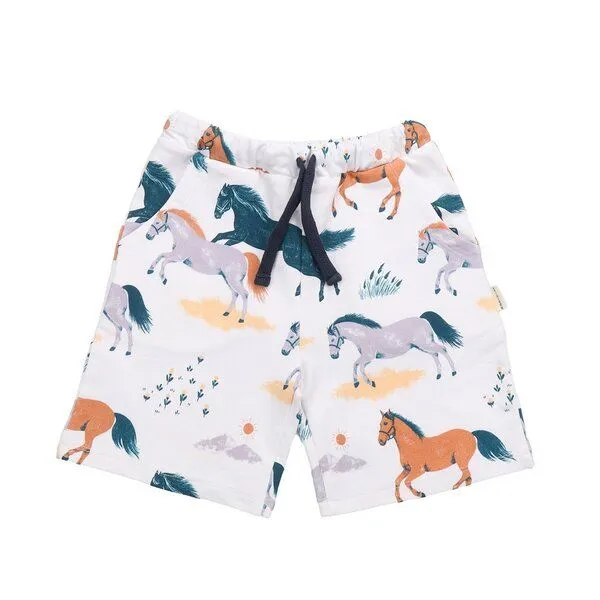 Walkiddy Walkiddy Kinder Shorts GOTS-zertifiziert aus Bio-Baumwolle, Happy Horses, weiß mit buntem Pferde-Print, elastischer Bund & Kordelzug, Blau, – Produktbild 1 von 3
