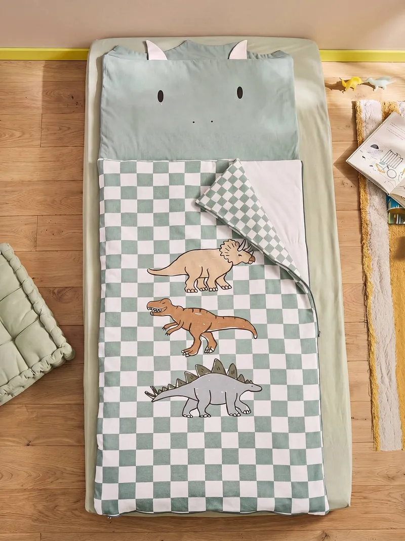 Vertbaudet Kinder Schlafsack DINO mit 3D-Elementen, Grün kariert, – Produktbild 1 von 4