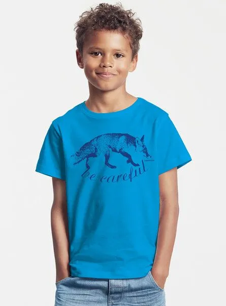 Peaces.bio - handbedruckte Biomode Peaces.bio - handbedruckte Biomode Bio-Kinder T-Shirt Be Careful, Türkis, – Produktbild 2 von 3