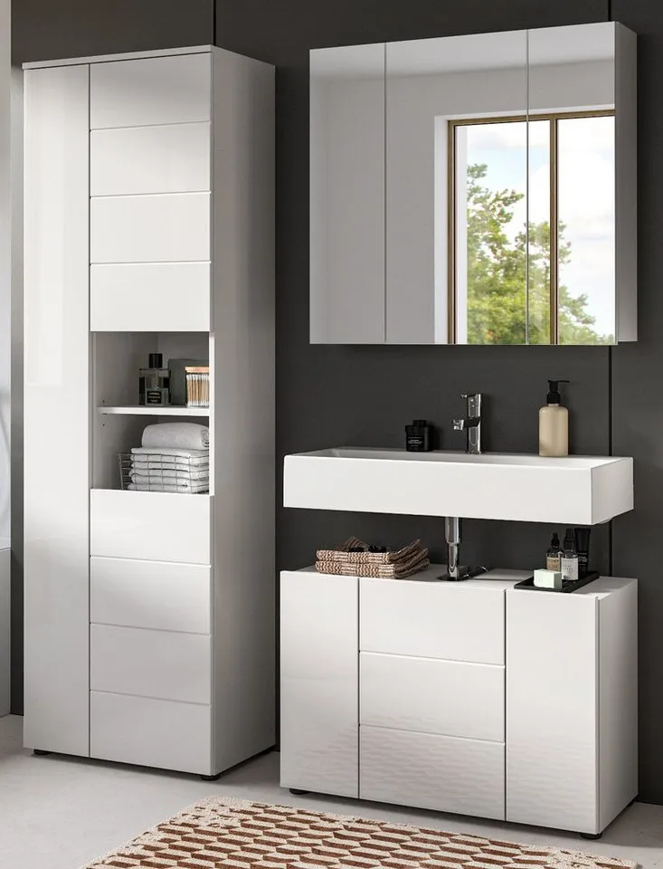 Inn.Furn Hochschrank Larik (Badschrank in weiß Hochglanz, 3-türig, 60 x 190 cm) mit 11 Fächern, Weiß, – Produktbild 1 von 5
