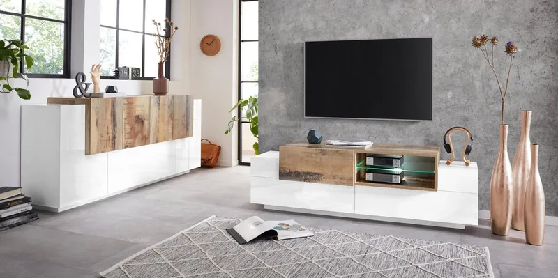 Home affaire Sideboard Coro, Kommode, Schrank, Kredenz, grifflos mit Einlegeböden, 1 Klappe, 6 Türen, Doppeltiefe, B/T/H 200x86x45cm, Weiß, – Produktbild 5 von 5