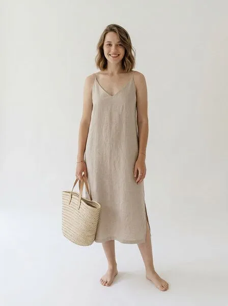 gust. gust. Leinenkleid mit V-Ausschnitt - Linen dress with V-neckline - 100% Bio-Leinen, Natural (natural), – Produktbild 1 von 2