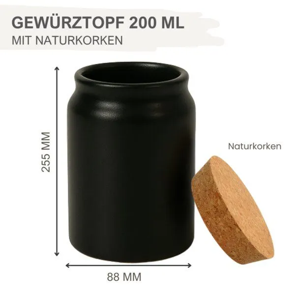 mikken mikken Gewürzdose Keramik 200 ml schwarz Gewürzglas aus Steingut mit Korkenverschluss – Produktbild 2 von 3