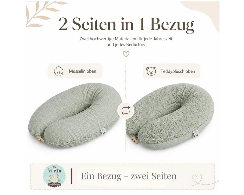 SEI Design Stillkissen XXL 190x35 cm Musselin EPS Mikroperlen Seitenschläferkissen GOTS Taupe, Schwangerschaftskissen mit Bezug, Schwangerschaftskissen mit Bezug, Grün, – Produktbild 5 von 5