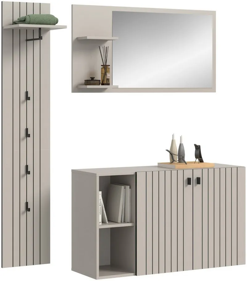 xonox.home Garderoben-Set, (3-tlg. Schuhkommode, Garderobenspiegel & Garderobenpaneel), in Kaschmir Nachbildung B/H/T ca.: 152/192/37 cm, Braun, – Produktbild 2 von 5