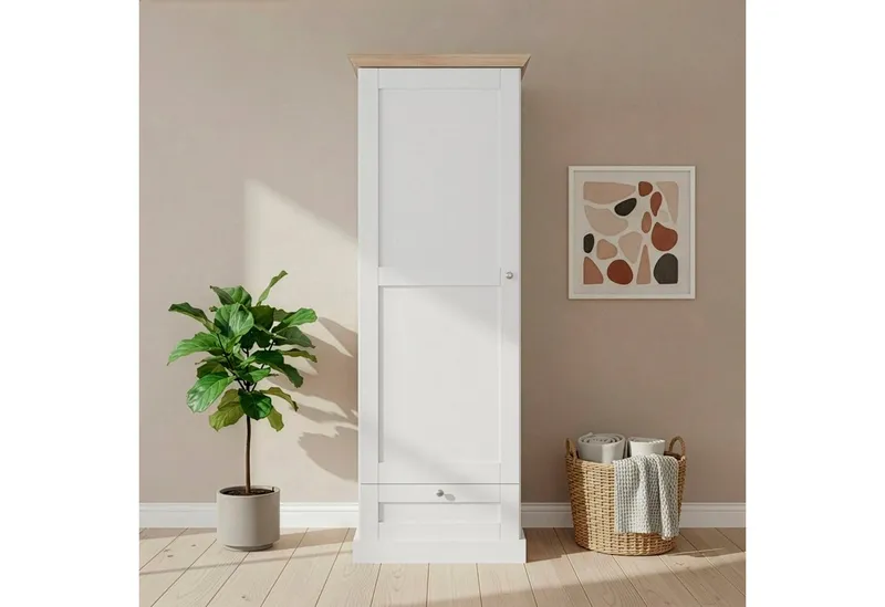 OTTO home Garderobenschrank Binz Flurschrank mit 1 Tür, 1 Schublade und ausziehbare Kleiderstange 1 verstellbarer Einlegebode, Metallknopfgriffe, Höhe 180 cm, Weiß, – Produktbild 1 von 7