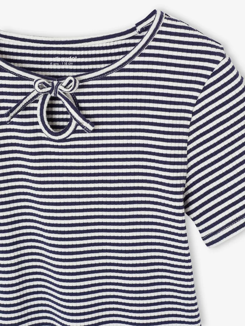 Vertbaudet T-Shirt Mädchen mit Zierschleife am Hals, Blau gestreift, – Produktbild 3 von 3