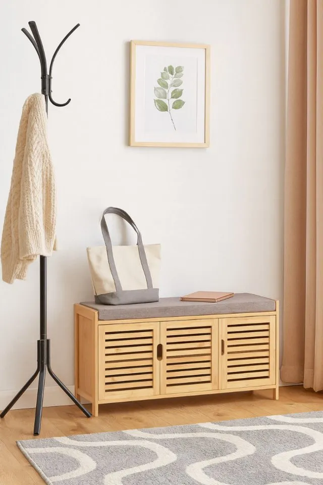 AD.CON Schuhbank Schuhbank aus Bambus mit Schrank und Sitzkissen Sitzbank Schuhregal, Grau, – Produktbild 2 von 5