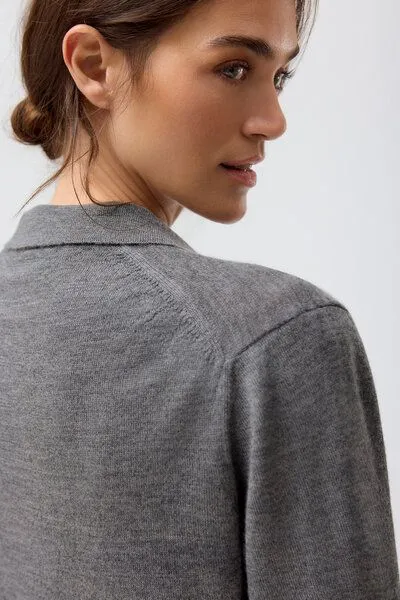 People Wear Organic People Wear Organic Merino Strickjacke Polokragen, grau mélange, Grey, – Produktbild 3 von 4