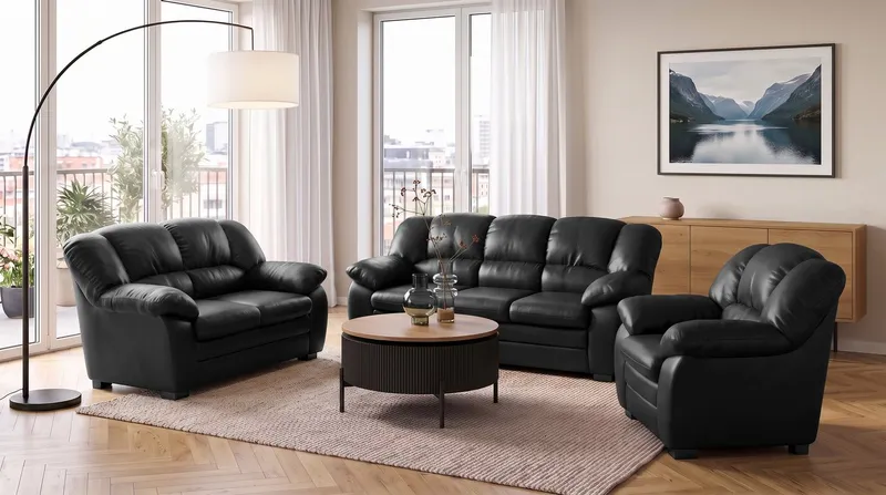 COTTA Polstergarnitur Casino, 3tlg. Set, Sofa Wohnzimmer Garnitur, Wellenunterfederung, (Set, 3-tlg), Sessel, 2-Sitzer, 2,5-Sitzer, hohe Rückenlehne, Schwarz, – Produktbild 4 von 7