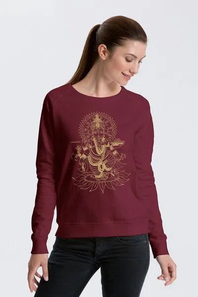 Peaces.bio - handbedruckte Biomode Peaces.bio - handbedruckte Biomode Bio Damen-Sweatshirt Ganesha, Bordeaux, – Produktbild 2 von 2