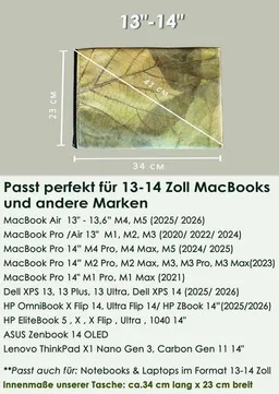 BY COPALA BY COPALA Gefütterte nachhaltige Laptop Hülle 13–14 Zoll aus Blattleder – Handgenähte vegane Laptoptasche mit Zipper, wasserabweisendes Laptop Case, Unikat für MacBook Air & Pro in grün – Produktbild 1 von 1