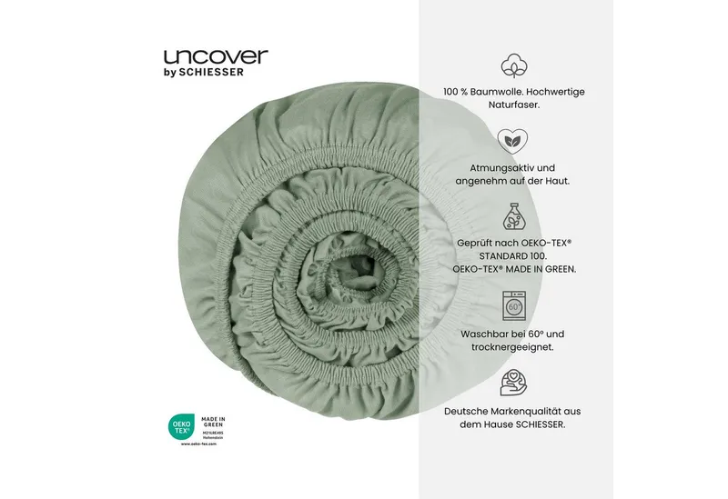 uncover by SCHIESSER Spannbettlaken New Jersey aus 100% Baumwolle, Jersey, Gummizug: rundum, (1 Stück), OEKO-TEX® MADE IN GREEN, Grün, – Produktbild 3 von 5