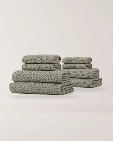 AmourLinen AmourLinen Waffel-Handtuch-Set aus Leinen, Family-Pack, 4 Badetücher + 4 Handtücher, Sage green (grün), – Produktbild 1 von 3