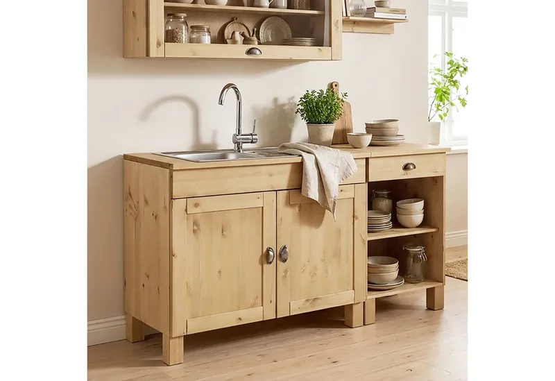 Home affaire Spülenschrank Oslo 100 cm breit, in 2 Tiefen, inklusive Einbauspüle aus Edelstahl, Beige, – Produktbild 2 von 5