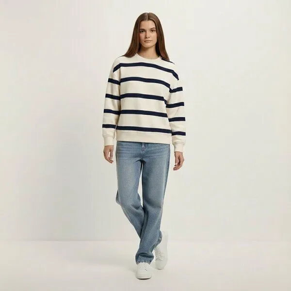 YTWOO YTWOO Basic Unisex-Sweatshirt mit Streifen aus nachhaltiger Baumwolle, Ivory/ navy blue stripes, – Produktbild 2 von 4