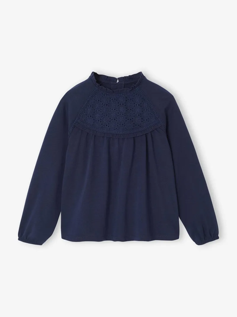 Vertbaudet Mädchen Langarm-Blusenshirt mit Lochstickerei, Marine, – Produktbild 1 von 3