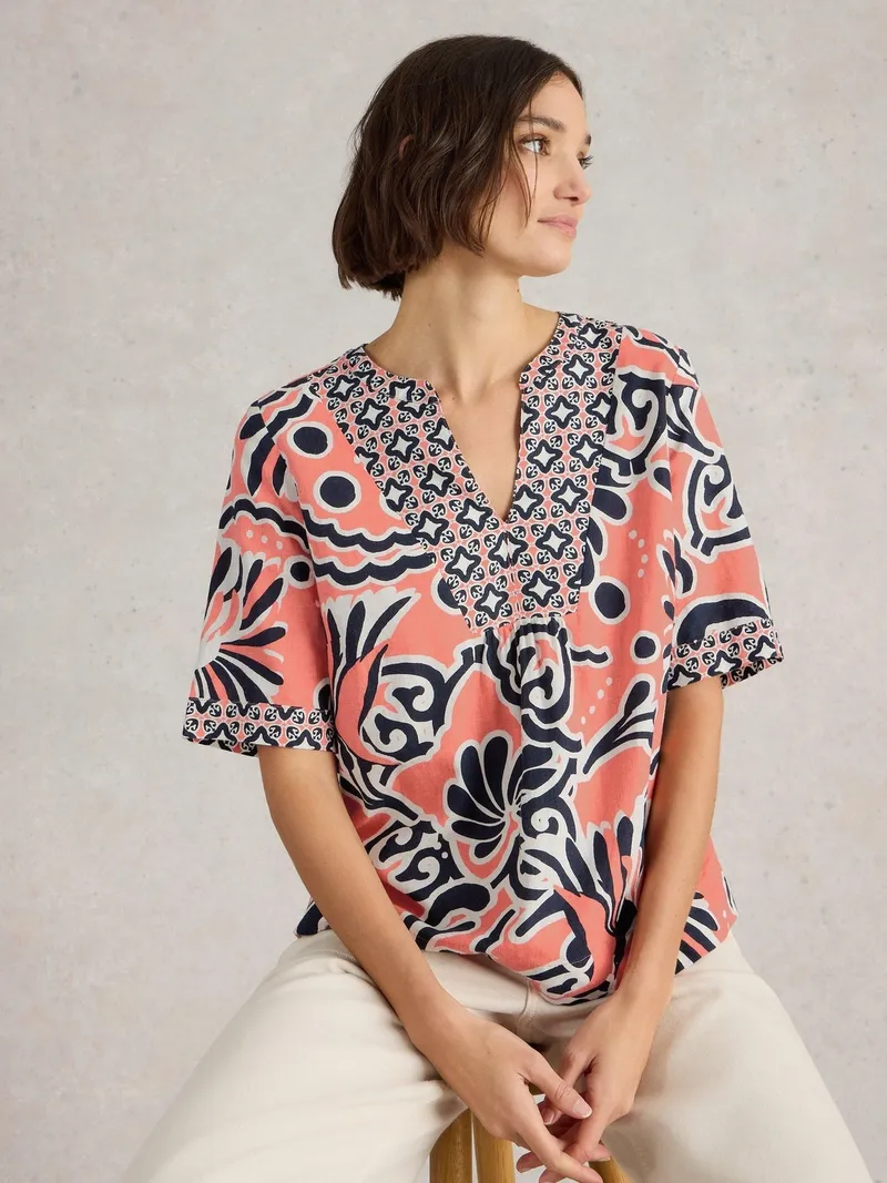White Stuff Top Ash aus Leinenmischung - 34, Koralle print, – Produktbild 1 von 4