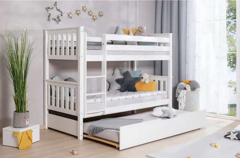 TICAA TICAA Etagenbett Sammy, umbaubar zu 2 Einzelbetten, edles Design im Landhausstil (90x200cm), inklusive Schubkasten, 2x Rollrost, zertifiziertes Massivholz Kiefer, Weiß, – Produktbild 3 von 5