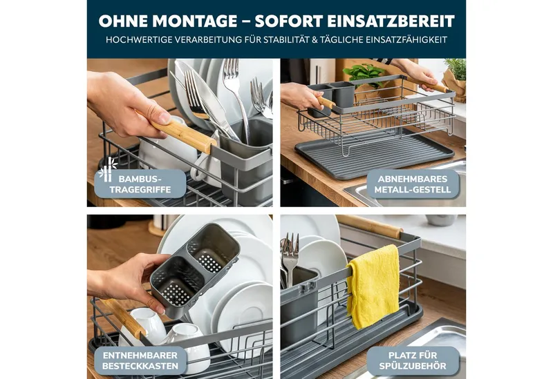 eluno Geschirrständer Metall-Abtropfgestell mit Abtropfschale für Geschirr mit Besteckhalter, Grau, – Produktbild 4 von 5