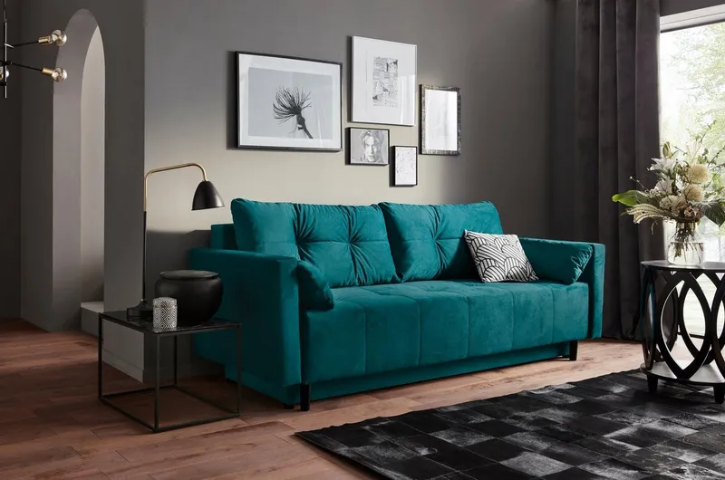 COLLECTION AB Schlafsofa Solar, B: 225 cm, Liegel. 136x200 cm, Schlaffunktion, Bettkasten & 1 Zierkissen, Federkern, Blau, – Produktbild 2 von 5