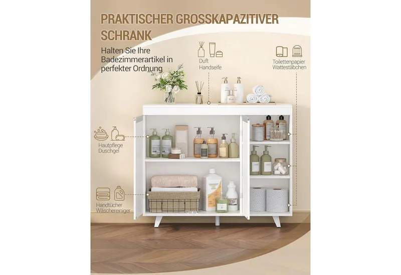 LuxusKollektion Badkommode Badezimmerschrank 2 Türen 3 offene Ablagen weiß 30x100x82 cm (1 St), Weiß, – Produktbild 4 von 5