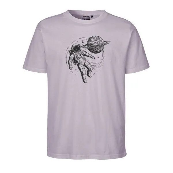 HANDGEDRUCKT HANDGEDRUCKT "Space Walk 2.0" Unisex T-Shirt aus reiner Baumwolle (kbA), Dusty purple, – Produktbild 1 von 3