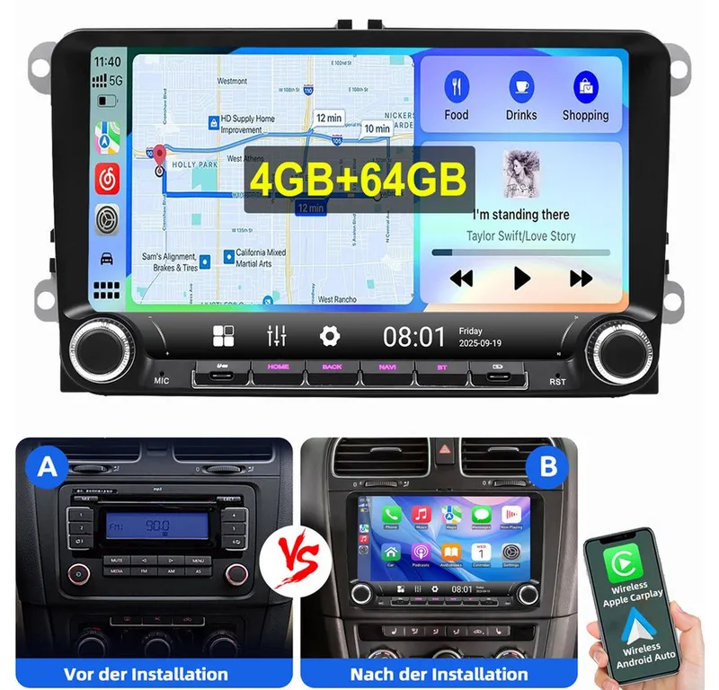 ESSGOO Für VW Golf 5 6 Plus Jetta Touran Caddy Tiguan Carplay Android 15 Autoradio (RDS, Digitalradio (DAB), FM, Carplay Android Auto Navi WIFI BT EQ), Schwarz, – Produktbild 1 von 5