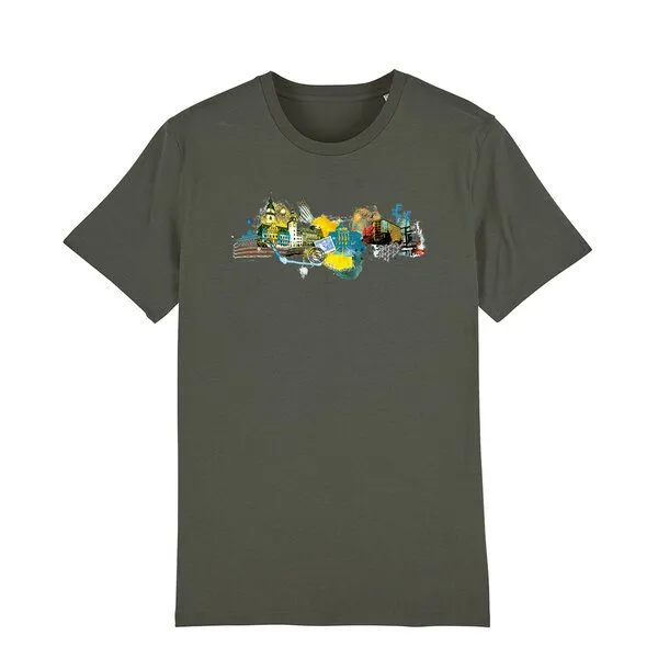 Spangeltangel Spangeltangel bedrucktes T-Shirt, Chemnitz, nachhaltig, Stadt, Herren, Damen, Unisex, Biobaumwolle, Oliv, – Produktbild 1 von 3