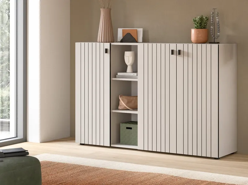 Inn.Furn Kombikommode Loreno (Flurkommode / Schuhschrank in Kaschmir und Schwarz, 3-türig, 150 x 96 cm), mit 9 Fächern, Beige, – Produktbild 4 von 5