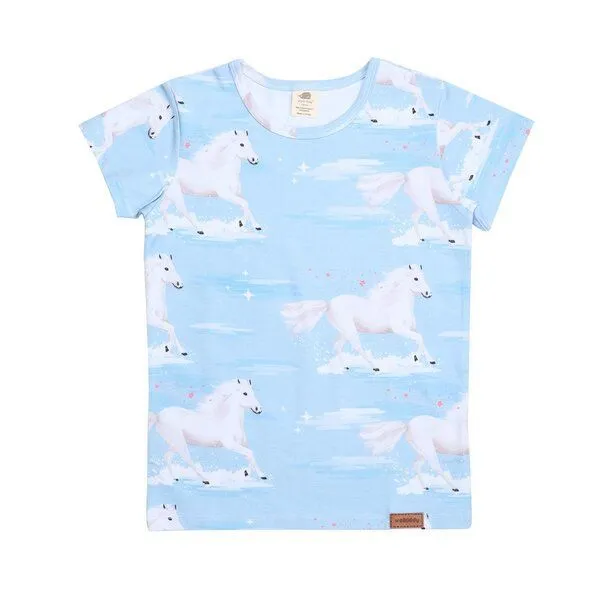 Walkiddy Kinder T-Shirt GOTS zertifiziert – 95% Bio-Baumwolle, Hellblau mit Pferdemotiv, Kurzarm, weich & bequem | Walkiddy – Produktbild 1 von 2