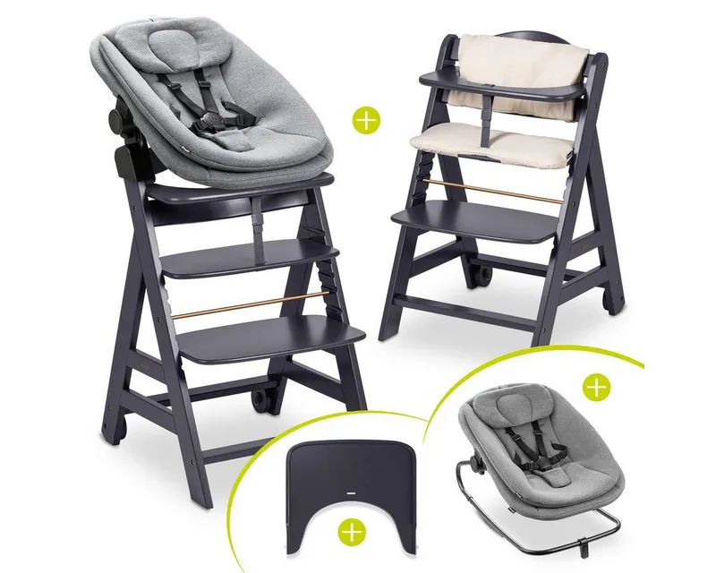 Hauck Hauck Hochstuhl Beta Plus Dark Grey Newborn Set 3in1 Bouncer (Set), Holz Babystuhl ab Geburt mit Neugeborenensufsatz, Sitzkissen, Essbrett, Grau, – Produktbild 1 von 5