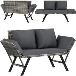 Casaria® Casaria® Gartenbank 2in1 Sonnenliege Polyrattan Grau mit 5-7cm Auflage 3 Sitzer – Produktbild 1 von 1