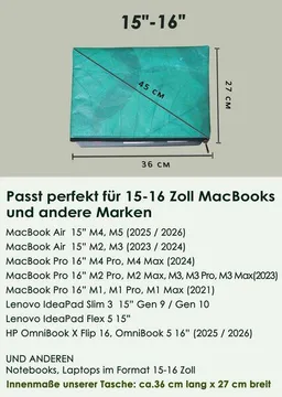 BY COPALA BY COPALA Nachhaltige 15–16 Zoll Laptoptasche aus Teak-Blattleder | Gefütterte vegane Laptop Hülle / Laptop Sleeve, handgemacht & wasserabweisend – Unikat Schutzhülle für MacBook Pro/Air, Lenovo & HP in türkis – Produktbild 1 von 1