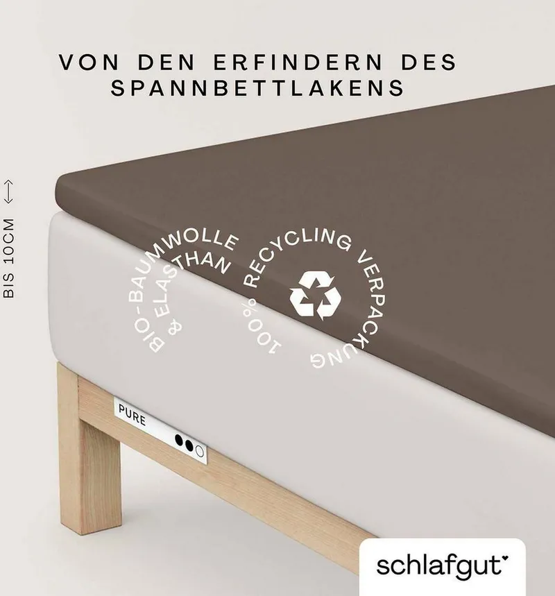 Schlafgut Schlafgut Spannbettlaken PURE TOPPER Bio-Baumwolle mit Elasthan 170 g/m² für Topper bis 10 cm, Jersey-Elasthan, Gummizug: rundum, (1 Stück), PREMIUM Laken für Matratzen bis 10 cm Höhe, dehnbar, blickdicht, Braun, – Produktbild 2 von 5