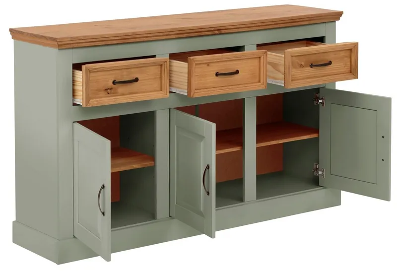 OTTO home Sideboard Selma Kommode mit 3 Türen, 3 Schubläden und 6 Fächer, Metallgriffe, aus massivem Kiefernholz, 3 Einlegeböden, mit dekorativer Fräsung, Grün, – Produktbild 5 von 5