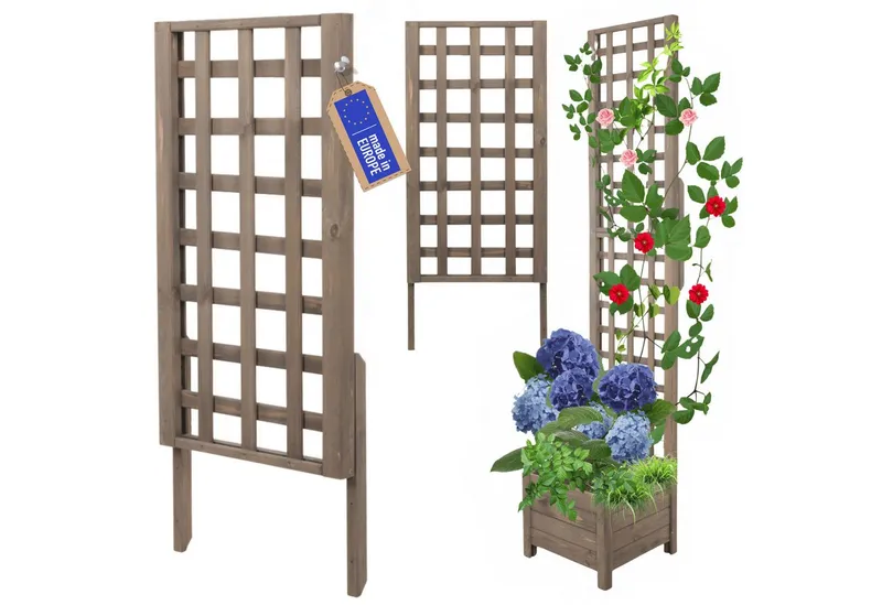 Modo24 Blumenkasten aus Holz, Pflanzkübel, Balkonkasten mit / ohne oder nur Rankgitter, Blumenkübel Holzkiste Garten Terrasse, Imprägniert Wetterfest Outdoor, Beige|grau, – Produktbild 2 von 5