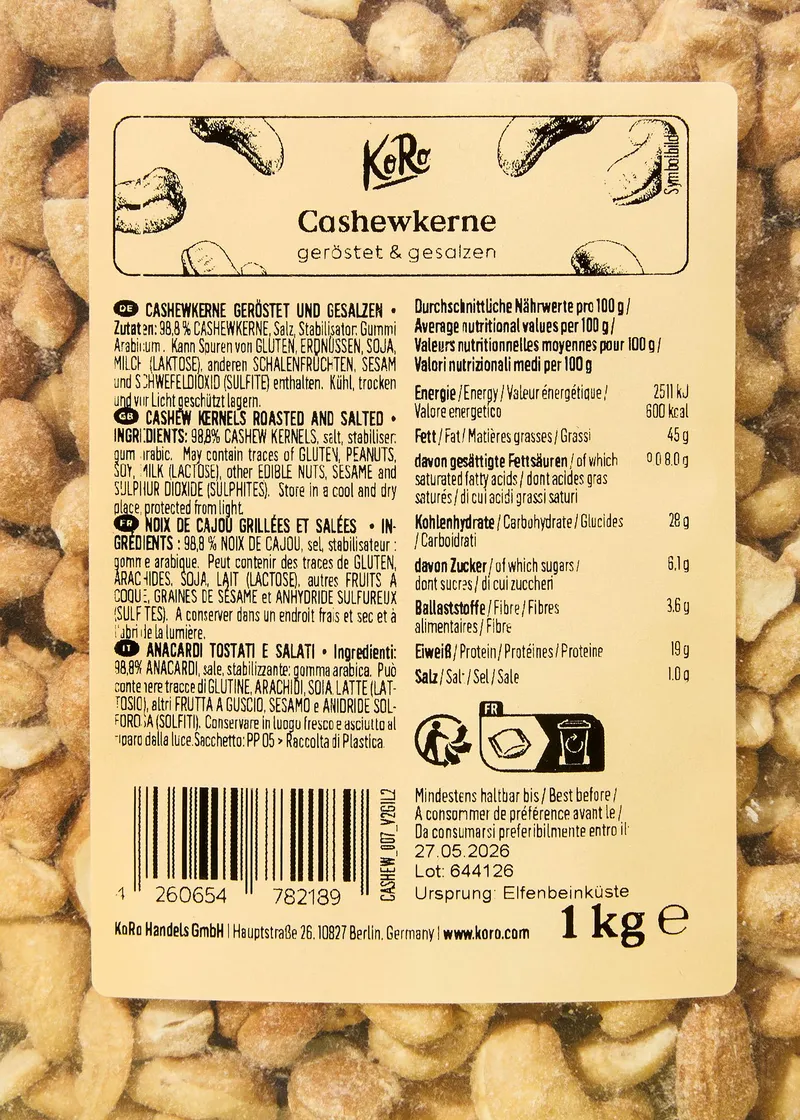 KoRo Geröstete und gesalzene Cashewkerne 1 kg – Produktbild 5 von 5