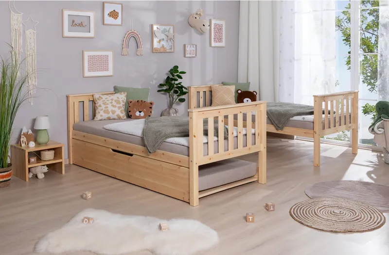 TICAA TICAA Etagenbett Sammy, umbaubar zu 2 Einzelbetten, edles Design im Landhausstil (90x200cm), inklusive Schubkasten, 2x Rollrost, zertifiziertes Massivholz Kiefer, Beige, – Produktbild 3 von 3