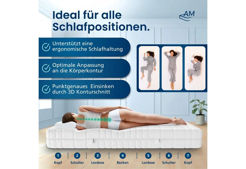 Taschenfederkernmatratze Deluxe 7-Zonen Federkernmatratze mit 3D Kaltschaum, Optimale Anpassung, AM Qualitätsmatratzen, 24 cm hoch, 90x200 cm – Produktbild 3 von 5