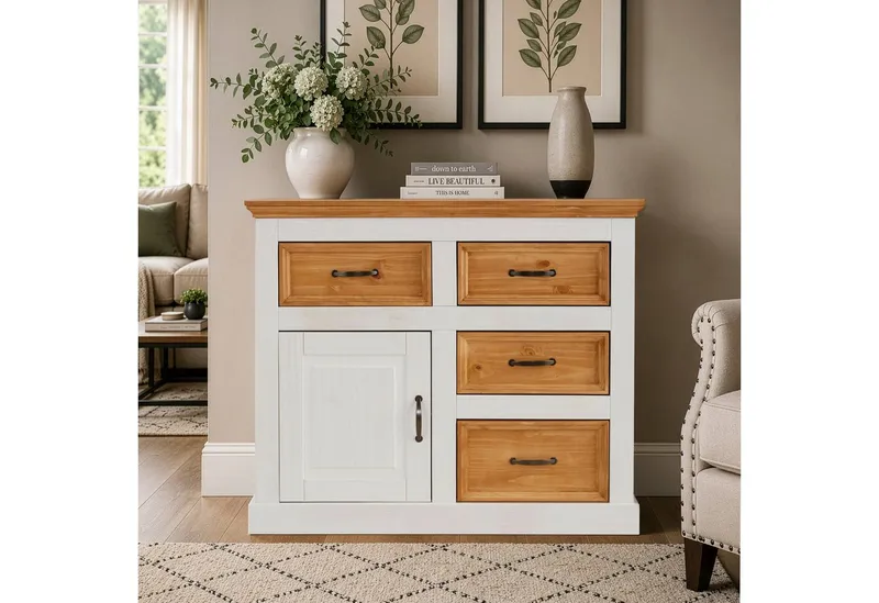 OTTO home Sideboard Selma Kommode mit 1 Tür, 3 Schubläden und 2 Fächer, Metallgriffe, aus massivem Kiefernholz, natürlichen Maserung, Breite/Höhe 100/87 cm, Weiß, – Produktbild 2 von 5