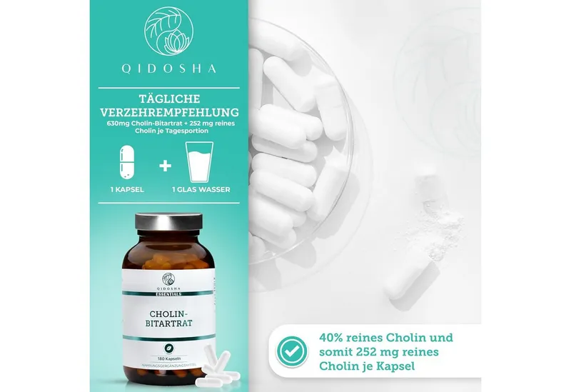 QIDOSHA Cholin als Cholin-Bitartrat Kapseln, 180 St., 135 g, Cholin-Bitartrat – Produktbild 3 von 5