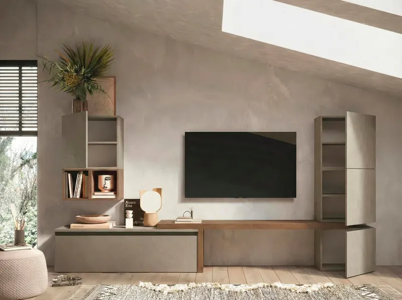 Home affaire Wohnwand Infinity, 7tlg. Breite 290 cm, Höhe variabel, Schrankwand, Anbauwand, (7-St), (Lowboard, T-Boden, 3x Hängewürfel, Würfelregal Set, Würfel-Element), Braun, – Produktbild 3 von 4