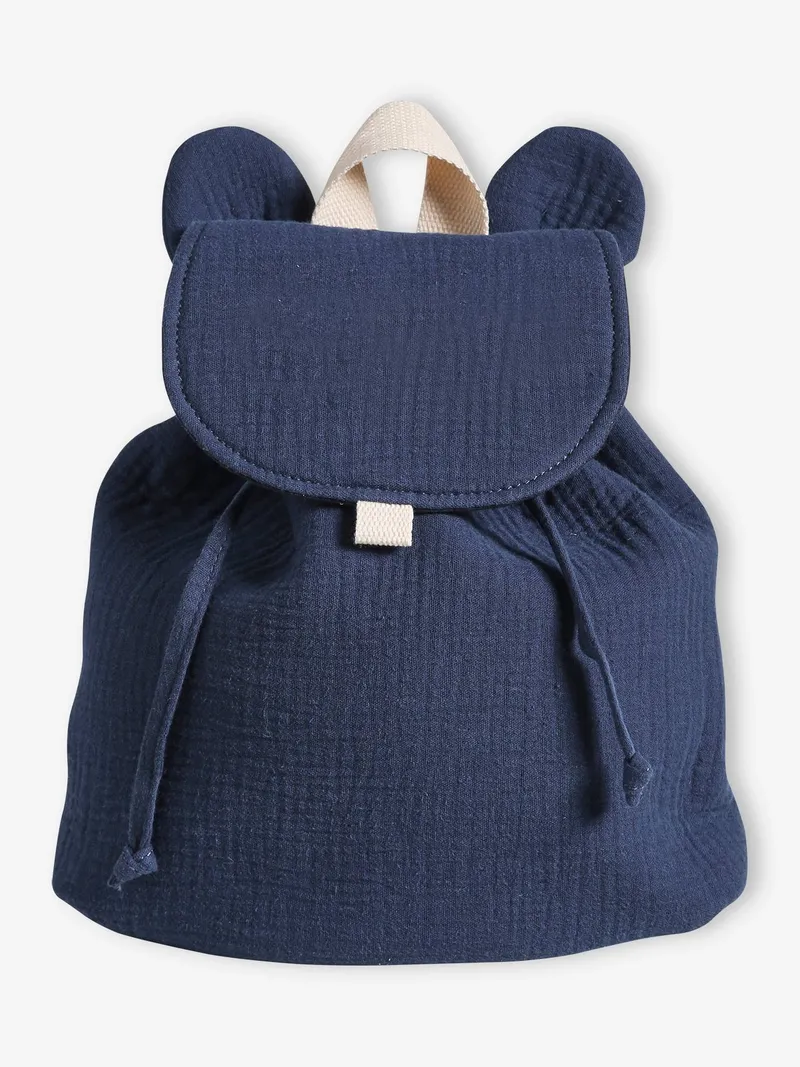 Vertbaudet Kinder Kita-Rucksack aus Musselin mit Ohren, Nachtblau, – Produktbild 1 von 4