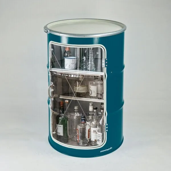 Lockengelöt Lockengelöt Hausbar Vitrine aus einem Hamburger Ölfass, Schwarz (gepulvert), – Produktbild 1 von 3