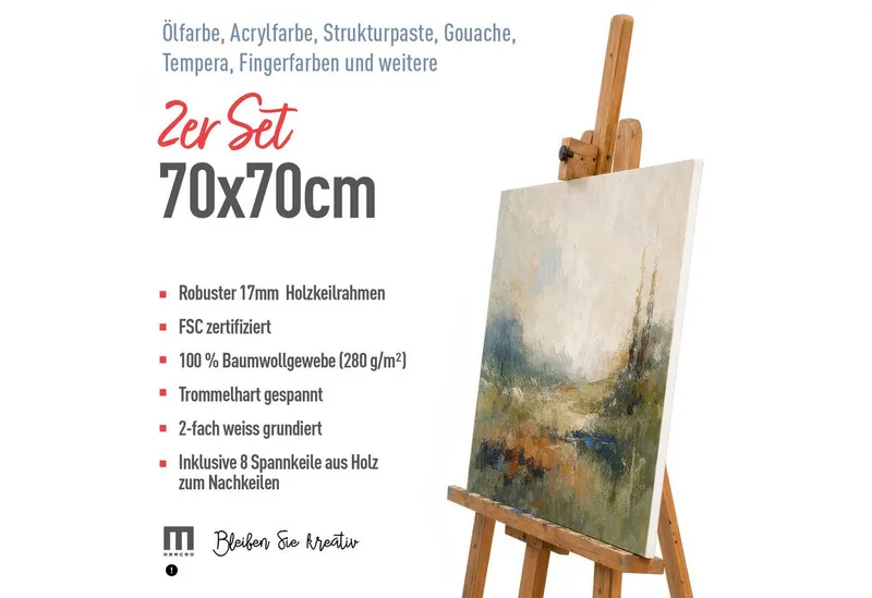M MERCEO Leinwand Künstlerleinwand 70x70cm 2er Set - Weiße Leinwand zum Bemalen, (zum Bemalen, Baumwolle, Keilrahmen,280g/m, 2-fach weiß vorgrundiert) – Produktbild 2 von 5