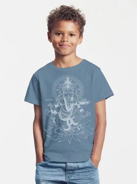 Peaces.bio - handbedruckte Biomode Peaces.bio - handbedruckte Biomode Bio-Kinder T-Shirt Ganesha, Blaugrau, – Produktbild 2 von 2