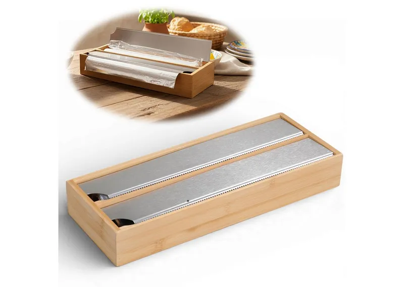 LS-LebenStil Folienspender 2-fach Holz Bambus Schubladen Alufolienspender Folienschneider 35x13cm, (für Schubladen ideal, Abroller Alufolienspender Alufolien-Spender, 1-St., Folienabroller passend für Alufolie Frischhaltefolie), FSC zertifiziert, Braun, – Produktbild 2 von 5